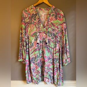 Stella Parker Collection Floral Flowy Tassel Dress Pink Green Navy Rayon Size L